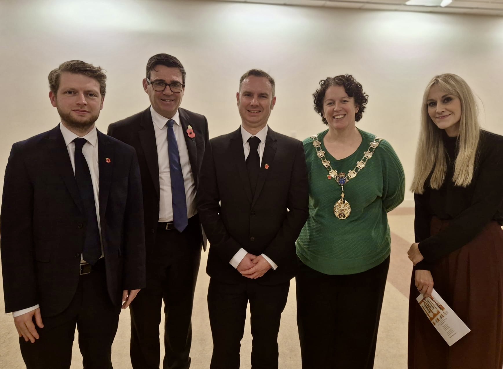 Tom, the Mayor, Andy Burnham, Connor Rand MP and Cllr Eve Parker at a Remembrance Service at South Manchester Synagogue