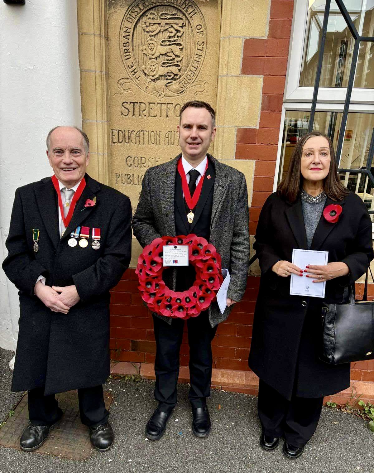 Tom with his ward colleagues Jane Slater and Steve Adshead prior to Stretford's Remembrance Sunday Service