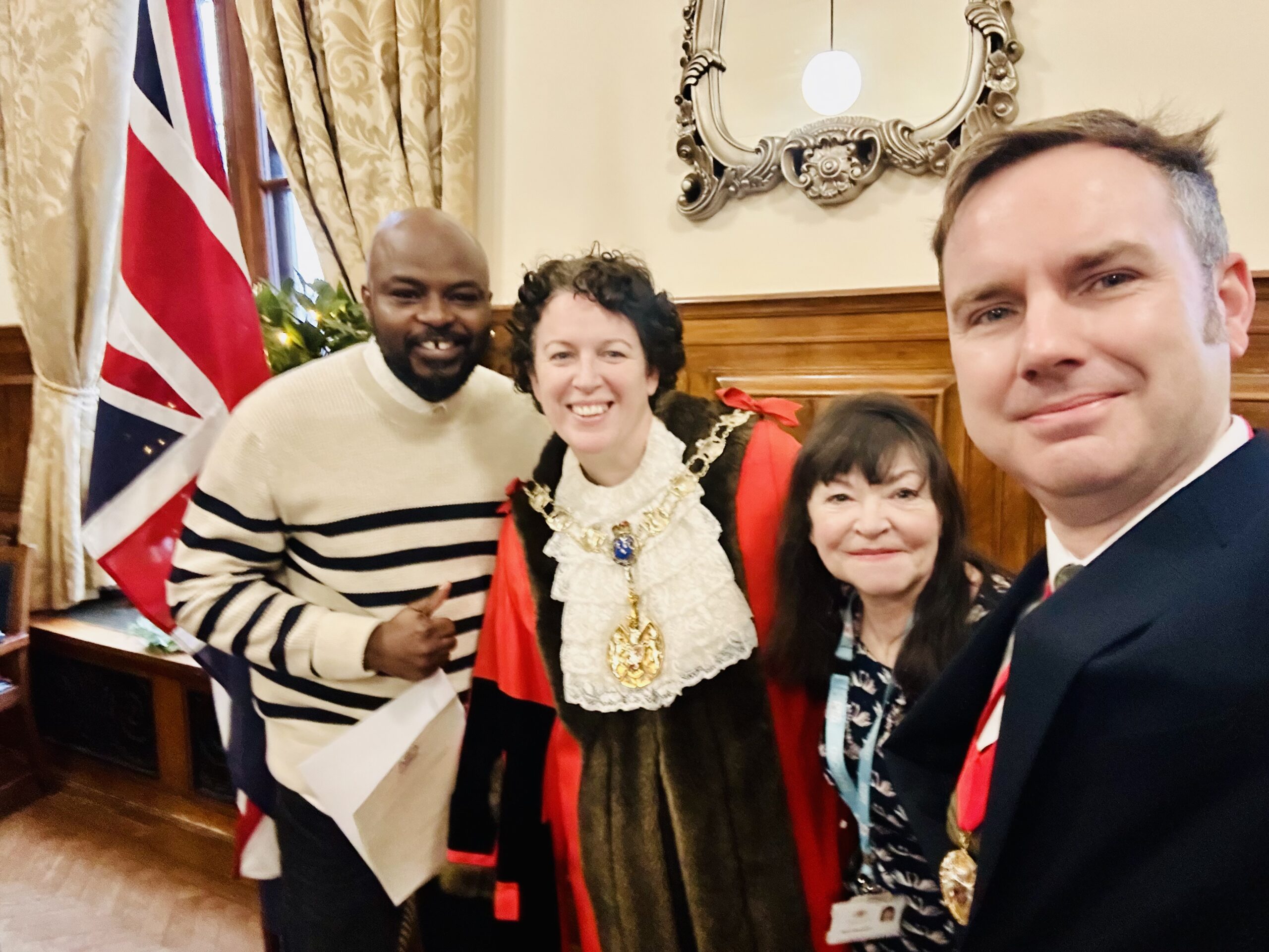 The Mayor, Cllr Rose Thompson, Tom and a new British Citizen at a Citizenship Ceremony in Sale