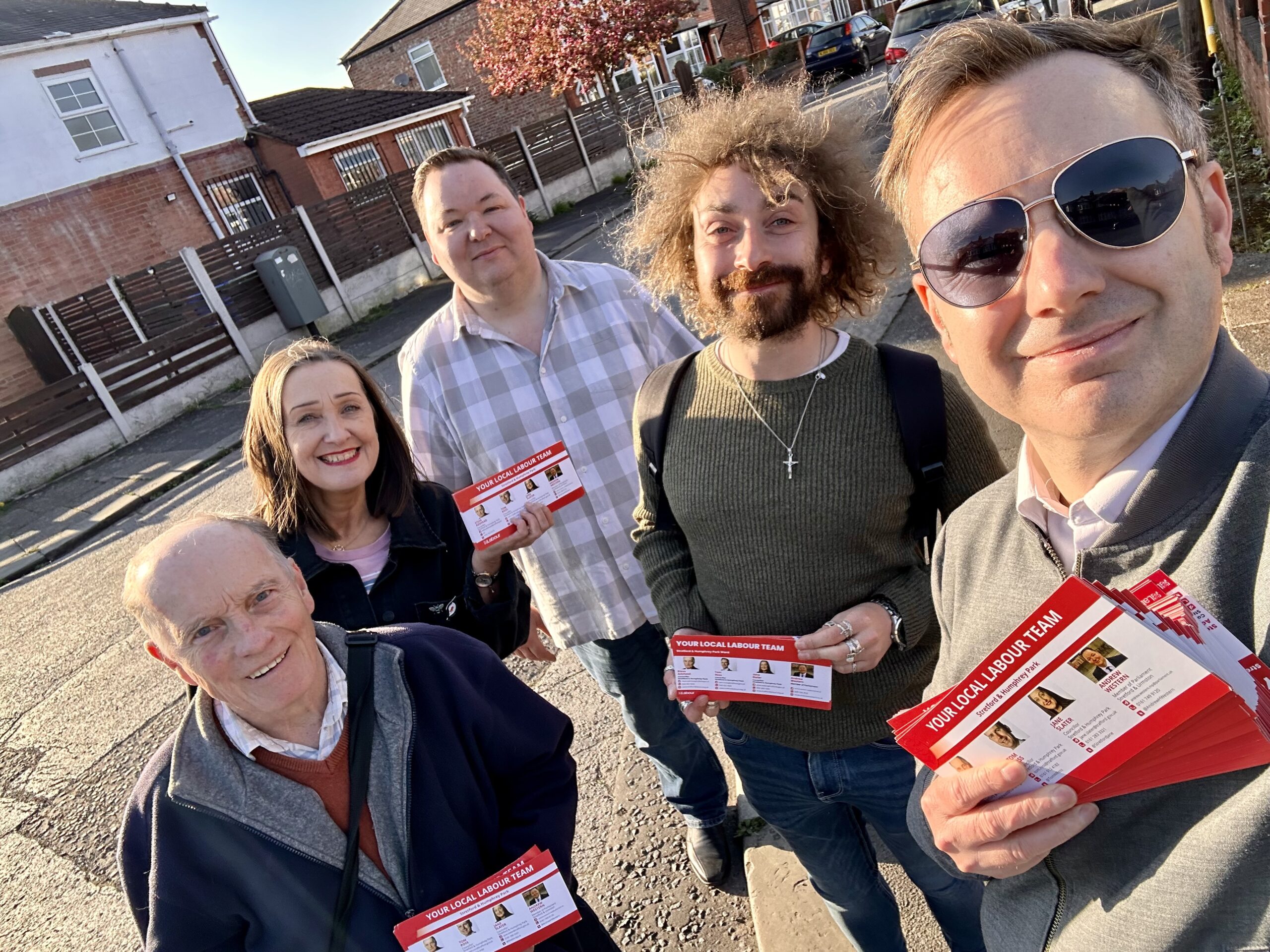 Tom out on the doorstep in Stretford with Andrew Western MP, Jane Slater, Steve Adshead and Aidan Williams