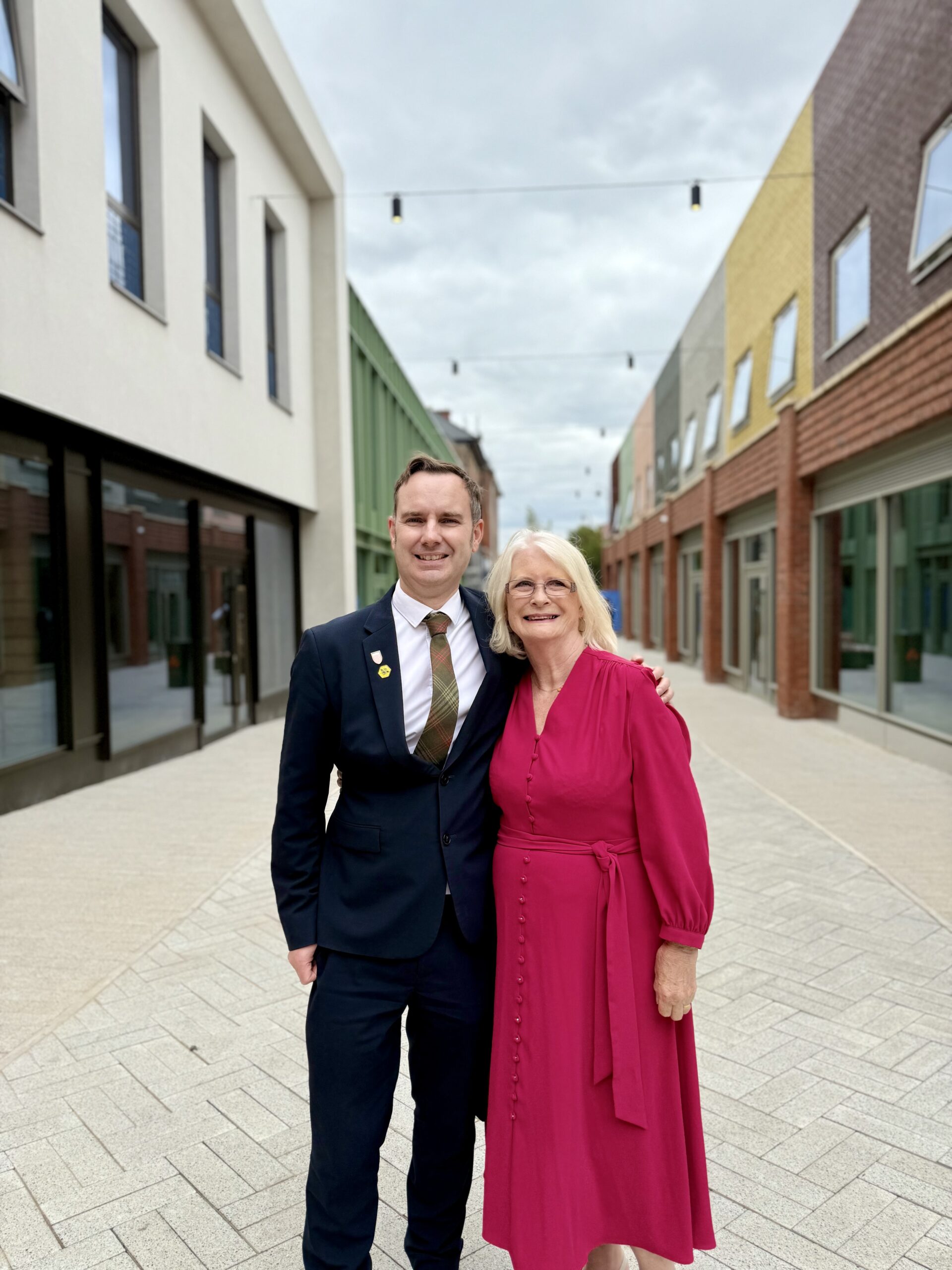 Tom and Cllr Judith Lloyd at the opening of Sir Tony Lloyd Square in Stretford